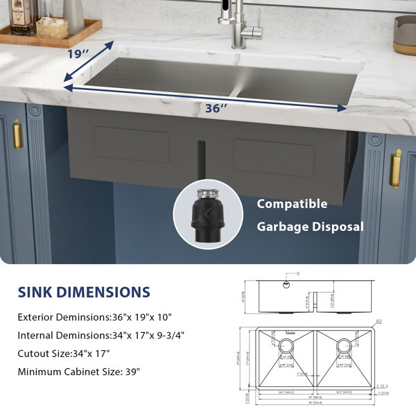 36 Inch TRU16 50/50 Low Divider Undermount Double Bowl Stainless Steel Kitchen Sink